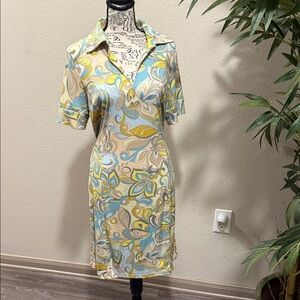 Glamour Blue, Yellow & Cream Retro Floral Midi Dress